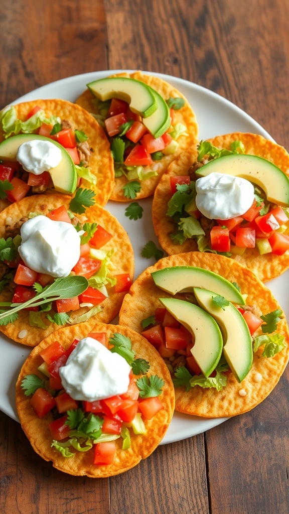 Crispy tostadas topped with lettuce, tomatoes, avocado, and sour cream on a rustic plate.